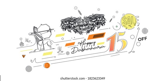 Ravana ten heads with text Happy Dussehra and Big Sale Flat 15% off - Abstract Poster Banner Vector Design.