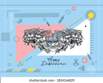 Ravana ten heads with text Happy Dussehra - Abstract Poster Banner Vector Design.