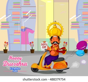 Ravana wishing Happy Dussehra offer riding on scooter in vector