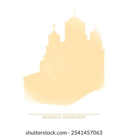 Ravanica Monastery silhouette in pastel colors on white background