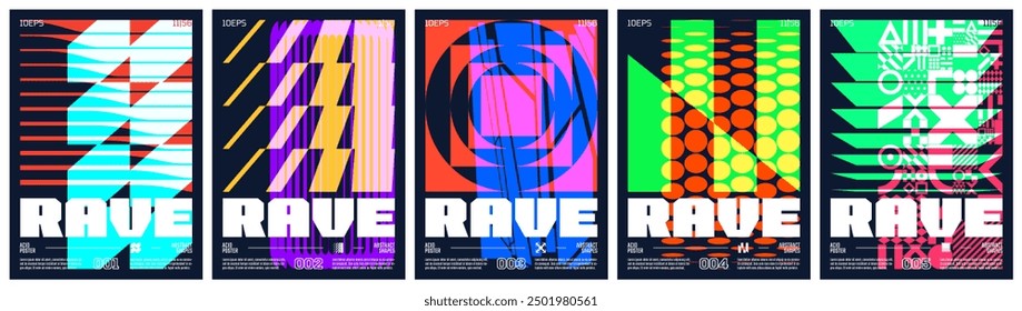 Rave acid art colorful trendy poster, abstract geometric composition graphic in overlap glitch aesthetics, vector simple shapes print artwork modernism and minimalistic brutal style A4 format