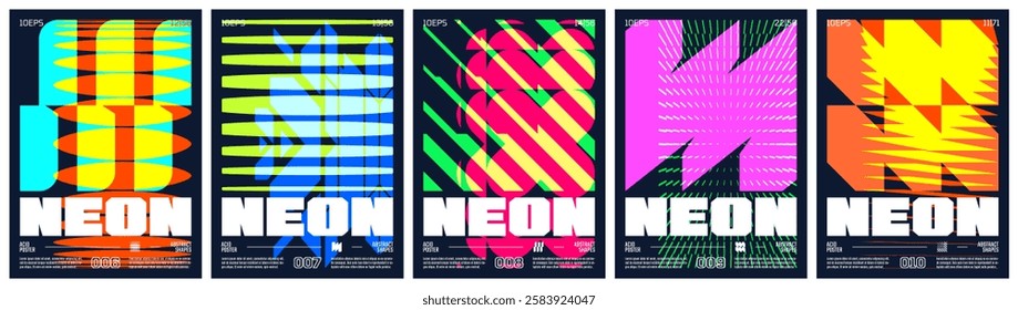 Rave acid art colorful trendy poster, abstract geometric composition graphic in overlap glitch aesthetics, vector simple shapes print artwork modernism and minimalistic brutal style A4 format set 2