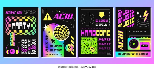 Rave acid posters for party or electronic music festival. Surreal vector illustration in trendy psychedelic style. Flyers with abstract geometric shapes, smiles, disco ball and holographic frame.