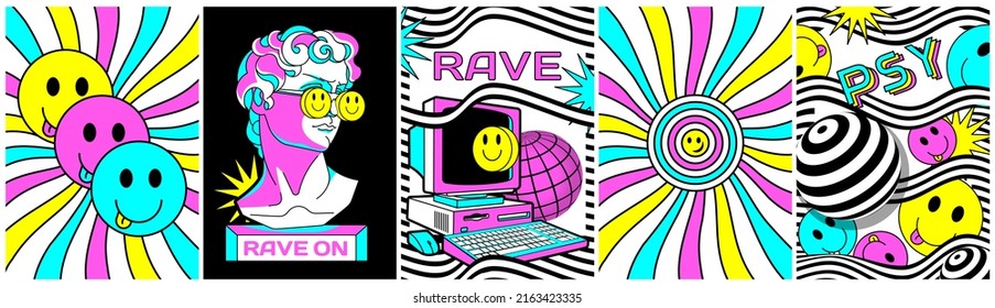 Rave Acid Rainbow Posters And Prints For Tee, Streetwear. Crazy Collage With Fun Surreal Geometry And Slogans. Set Of Surreal Psychedelic Acid Backgrounds. Weird 90s Style.