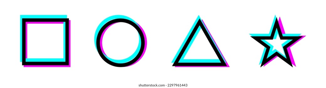 Rave glitch cuadrado, círculo, triángulo y estrellas. Iconos modernos para el diseño. Ilustración de estilo plano aislada en fondo blanco. EPS vectorial 10