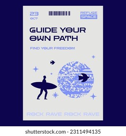 Rave minimalistic poster with a silhouette of a surfer next to the sphere. Futuristic techno style for a music fest.