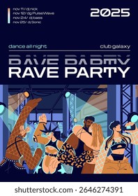 Rave party event poster design. Advertising template of techno disco in night club. Promotion layout of fashion nightclub with electronic music, spotlights. Modern nightlife. Flat vector illustration