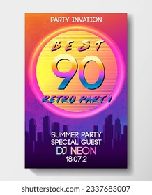 Rave party Flyer design template set in 1980s style. Retro Futurism. Vector futuristic synth wave illustration. 80s Retro poster Background.
