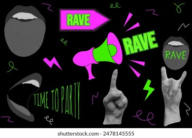 Rave party Halftone Collage set. Collection of modern Nostalgia Halftone texture rock'n'roll elements isolated black. Retro grunge Punk vector aesthetic. 