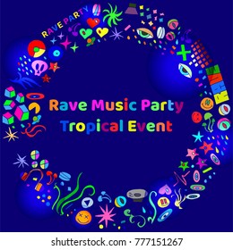 Rave Party hand-drawn doodle elements with light effect vector illustration. Will be used for banner, poster, postcard, wallpaper