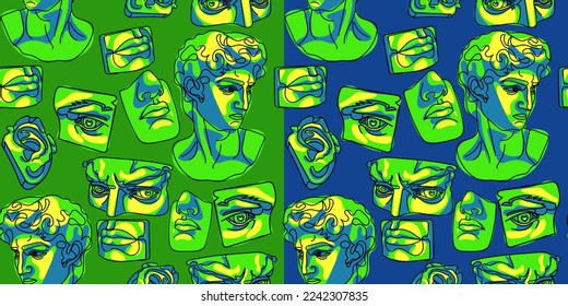 Rave psychedelic acid sculpture set statue of David and parts of the face. Parts of the sculpture in bright juicy color. Various antique statues. Mythical, ancient Greek style. Vector illustration.