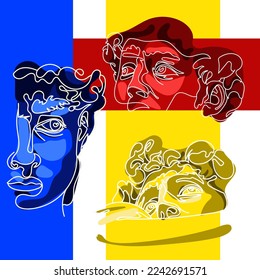 Rave psychedelic acid sculpture set statue of David and parts of the face. Parts of the sculpture in bright juicy color. David's view against the background of abstraction.Mythical ancient Greek style