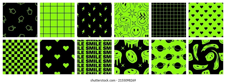 Rave psychedelic acid seamless pattern set. Trippy vector backgrounds with smile stickers, surreal geometric shapes, abstract elements and signs in trendy psychedelic weird 90s style.