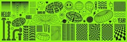 Rave Psychedelic Acid Set With Smile Stickers. Trippy Illustrations, Surreal Geometric Shapes, Abstract Backgrounds And Patterns. Vector Elements And Signs In Trendy Psychedelic Weird 90s Style.