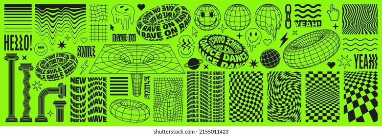 Rave psychedelic acid set with smile stickers. Trippy illustrations, surreal geometric shapes, abstract backgrounds and patterns. Vector elements and signs in trendy psychedelic weird 90s style.
