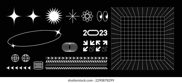 Reine psychedelische Säure mit Lächelaufklebern. Trippige Illustrationen, surreale geometrische Formen, abstrakte Hintergründe und Muster. Große Menge abstrakter Elemente. Set in cid Graphic style