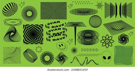 Rave psychedelic acid set with smile stickers. Trippy illustrations in trendy weird 90s style. Acid green rave trippy neon elements.