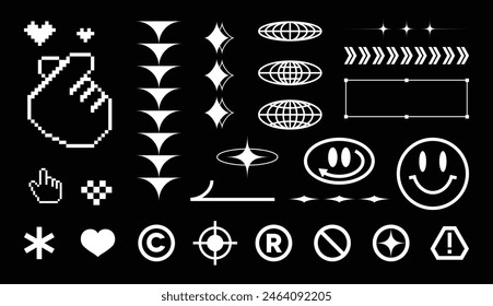 Rave Psychedelic Säure Set mit Smile Aufkleber. Trippige Illustrationen, surreale geometrische Formen, abstrakte Hintergründe und Muster. Große Menge von abstrakten Elementen. In Acid-Grafikstil festgelegt