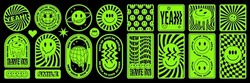 Rave Psychedelic Acid Sticker Set. Trippy Illustrations, Dripping Smiles. Surreal Geometric Shapes, Abstract Backgrounds And Patterns. Vector Elements And Signs In Trendy Psychedelic Weird 90s Style.