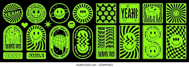 Rave psychedelic acid sticker set. Trippy illustrations, dripping smiles. surreal geometric shapes, abstract backgrounds and patterns. Vector elements and signs in trendy psychedelic weird 90s style. - Shutterstock ID 2156991821