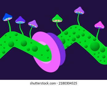 Rave psychedelic, acid trip. Fluid flow with mushrooms. Hallucinatory fluid. Psychedelic background with mushrooms. Design for posters, banners and promotional products. Vector illustration