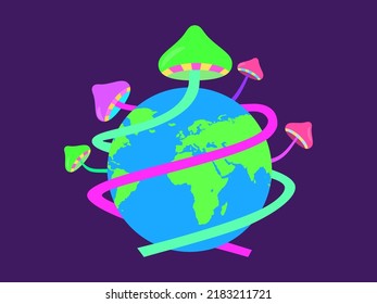 Rave psychedelic, acid trip. Mushrooms cover the planet. Surreal experience. Psychedelic mushroom. Design for posters, banners and promotional products. Vector illustration