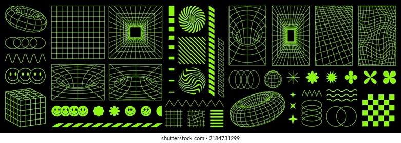 Rave psychedelic retro futuristic set. Surreal geometric shapes, abstract backgrounds and patterns, wireframe, cyberpunk elements and perspective grids. Vector elements and signs in trendy psychedelic - Shutterstock ID 2184731299