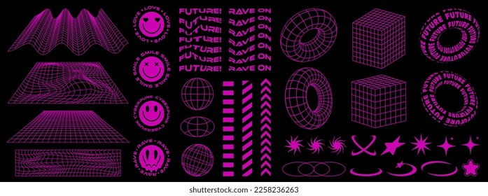 Rave psychedelic retro futuristic set in Y2K-00s style. Surreal geometric shapes, abstract backgrounds and patterns, wireframe, cyberpunk elements and perspective grids. Vector elements and sticker.