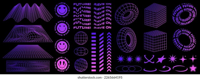 Rave psychedelic retro futuristic set in Y2K-2000s style. Surreal geometric shapes, abstract backgrounds and patterns, wireframe, elements and perspective grids. Vector elements and sticker.