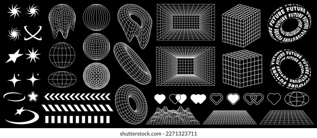 Rave psychedelic retro futuristic set in trendy y2k style. Surreal geometric shapes, and patterns, wireframe, cyberpunk elements and perspective grids, frame donuts, donuts with text. 