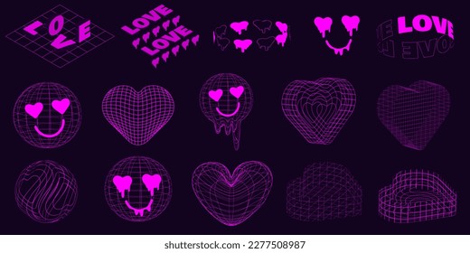 Rave psychedelic retro futuristic set. Surreal geometric shapes, abstract backgrounds gradient grid, wireframe, cyberpunk elements perspective grids. Vector elements and signs in trendy psychedelic