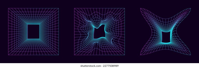 Rave psychedelic retro futuristic set. Surreal geometric shapes, abstract backgrounds gradient grid, wireframe, cyberpunk elements perspective grids. Vector elements and signs in trendy psychedelic