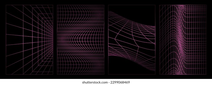 Rave psychedelic retro futuristic set. 3D abstract posters, patterns, cyberpunk elements isolated on black background. Abstract net structure deformation, flowing surface. Vector illustration