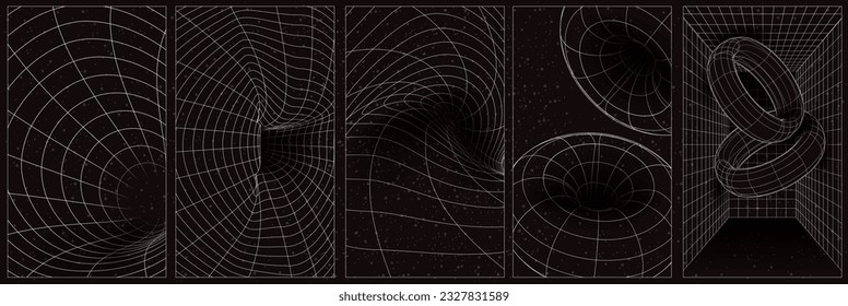 Rave psychedelic retro futuristic set. 3D abstract posters, patterns, elements isolated on black background. Geometry wireframe grid and tunnel circle retro cyberpunk style. Vector illustration