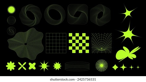 Rave psychedelic retro futuristic set. Surreal geometric shapes, abstract backgrounds and patterns, wireframe, cyberpunk elements and perspective grids. Vector elements  in trendy psychedelic style. 