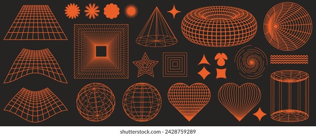 Rave psychedelic retro futuristic set. Surreal geometric shapes, abstract backgrounds and patterns, wireframe, cyberpunk elements and perspective grids. Vector elements and signs in trendy psychedelic