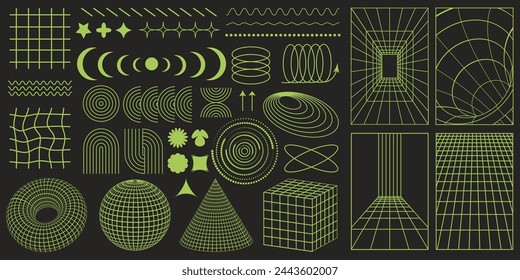 Rave Psychedelic Retro futuristisches Set. Surreale geometrische Formen, abstrakte Hintergründe und Muster, Drahtgitter, Cyberpunk-Elemente und Perspektivraster. Vektor-Elemente und Zeichen im trendigen Psychedelic