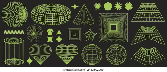 Rave psychedelic retro futuristic set. Surreal geometric shapes, abstract backgrounds and patterns, wireframe, cyberpunk elements and perspective grids. Vector elements and signs in trendy psychedelic