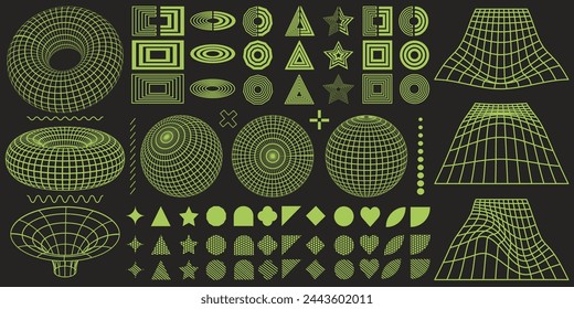 Rave psychedelic retro futuristic set. Surreal geometric shapes, abstract backgrounds and patterns, wireframe, cyberpunk elements and perspective grids. Vector elements and signs in trendy psychedelic