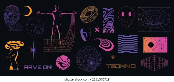 Juego de rupturas. Forma geométrica trippy de ácido psicodélico con pegatinas de destellos, distorsión surrealista retrofuturista estilo 80s 90s. Colección vectorial de trippy gráfico psicodélico, ilustración de rave a la moda ácida