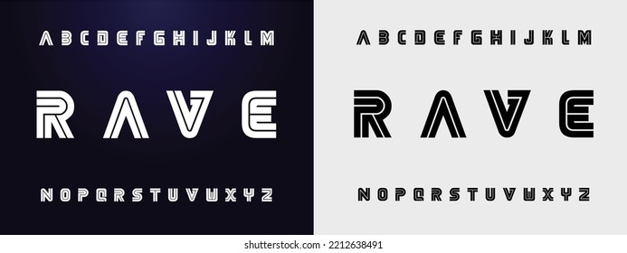 RAVE Sports minimal tech font letter set. Luxury vector typeface for company. Modern gaming fonts logo design.