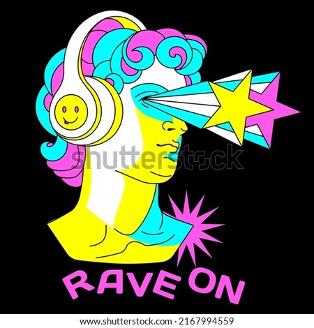 Rave sticker in psychedelic acid trippy style. Hipster head of statue in headset Weird pop 90s style. Isolated fluorescent y2k print for tee, streetwear.