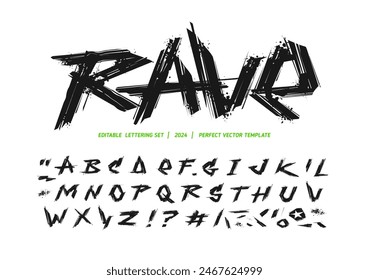 Rave - street art graffiti font type alphabet in Grunge style vector collection. Set of Rock'n'roll doodle collection of street art grunge elements: heart, crown, etc. Punk Rock music type font