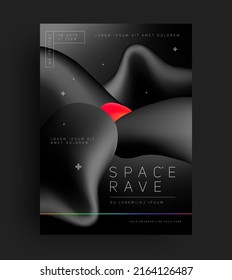 Rave or techno music party or concert flyer or poster design template with abstract black liquid geometric shapes. Vector illustration