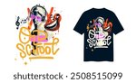 Rave tee print in psychedelic retro acid trippy style. Hipster head of statue in headset Weird pop 90s style with graffiti lettering. Old school. Isolated y2k print for tee, streetwear.