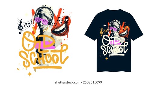 Rave T-Print im psychedelischen Retro-Säure-Trippy-Style. Hipster Kopf der Statue im Headset Weird Pop 90er-Jahre-Stil mit Graffiti-Schrift. Alte Schule. Einzel-y2k-Druck für T-Shirt, Streetwear.