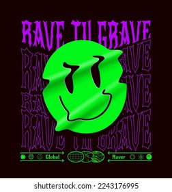 Rave til the grave party fancy retro poster on t-shirt print design template with vintage lettering and acid green smiled emoji face on black background. Vector illustration