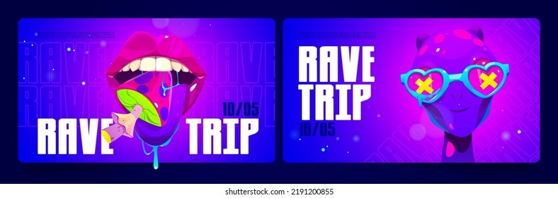 Rave Trip Banners With Psychedelic Illustrations Of Alien And Mouth With Mushroom. Vector Cartoon Posters With Acid Stickers Of Martian Head In Glasses And Tongue With Amanita