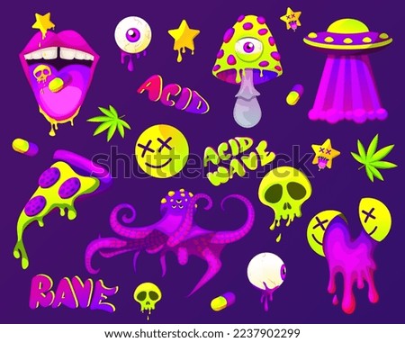 Rave trip collection with psychedelic stickers. Psychedelic acid elements andcharacters. mouth with tongue and UFO, eye, mushrooms, pills, pizza acid backgrounds.