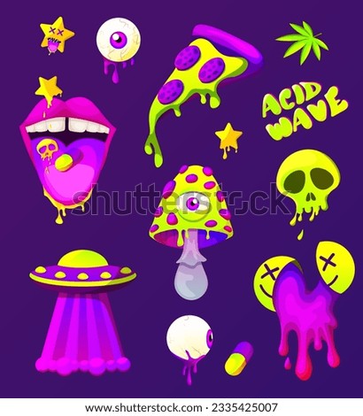 Rave trip collection with psychedelic stickers. Psychedelic acid elements andcharacters. mouth with tongue and UFO, eye, mushrooms, pills, pizza acid backgrounds.